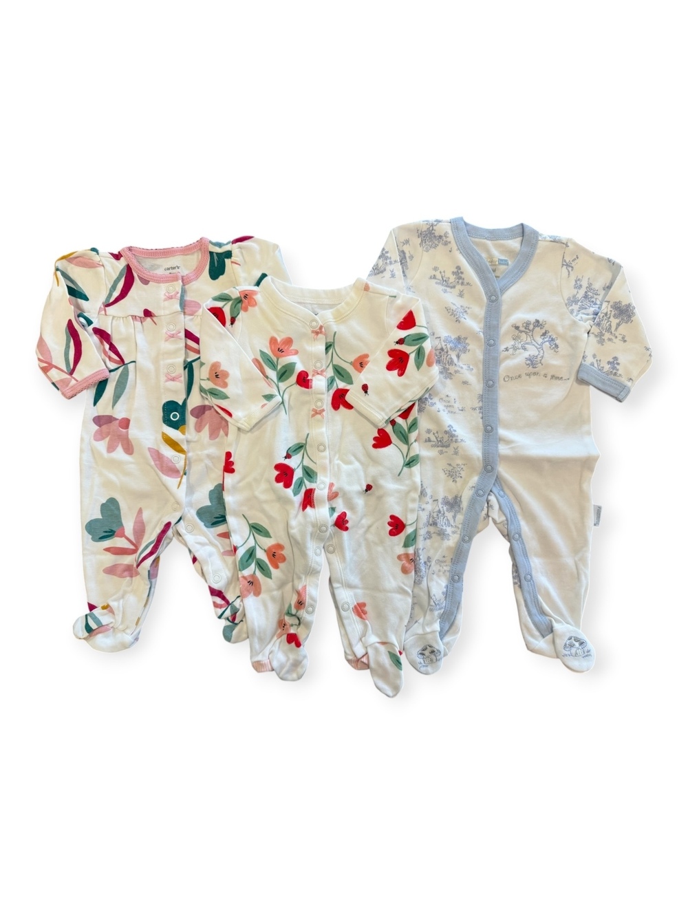 Set of 3 Baby Girl Footed Pajamas Sleepers, 3 Months, Floral and Storybook Print